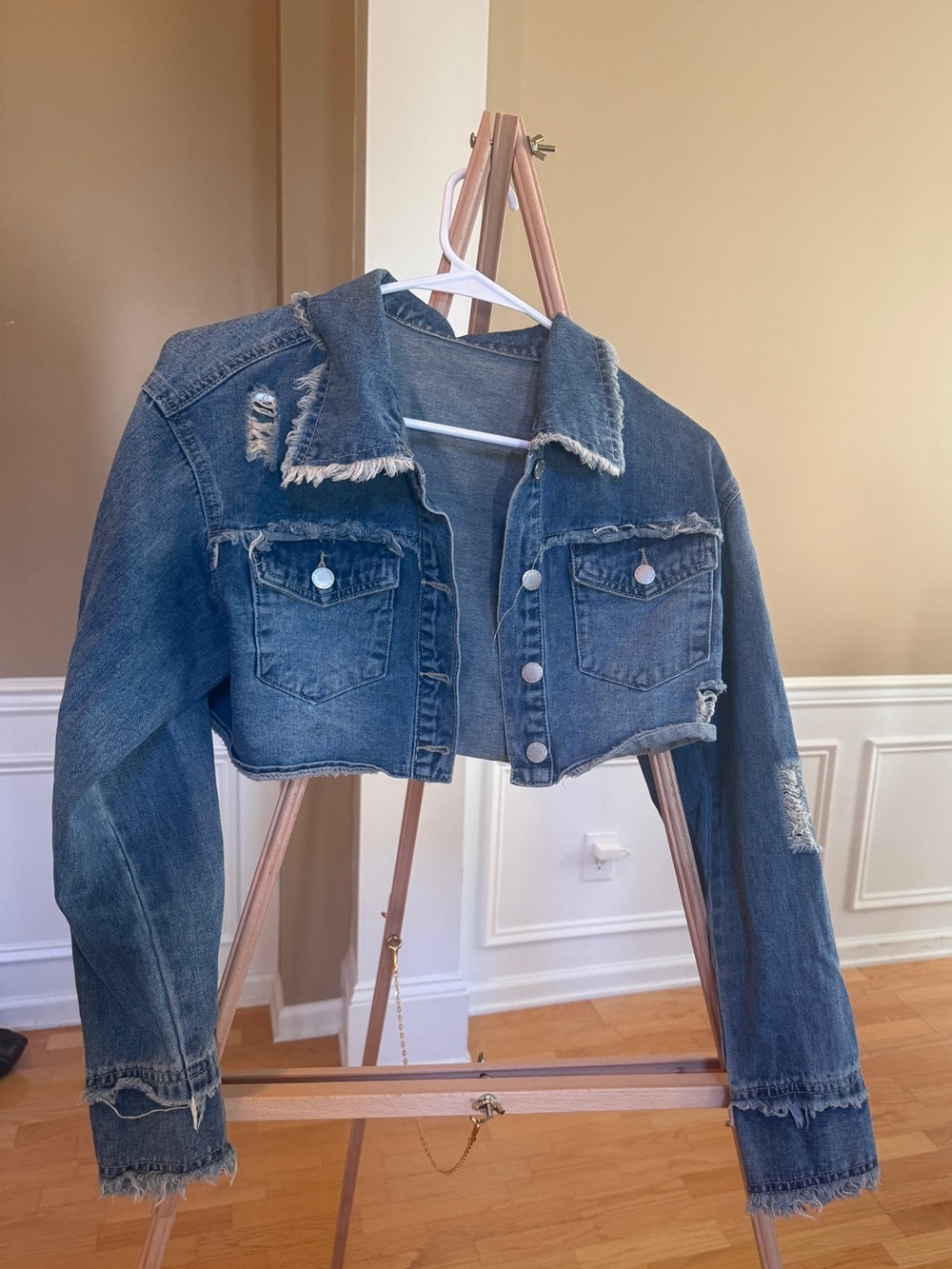 Fashion Nova Frayed Cropped Denim Jacket - Blue